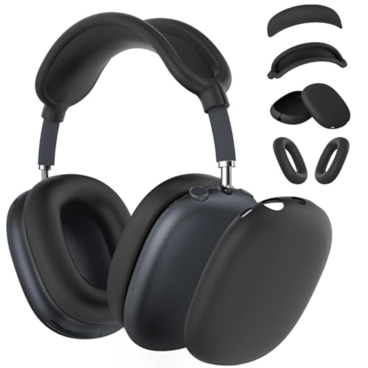 Silicone Case Cover for AirPods Max 2 and 1 Headphones, 4-in-1 Anti-Scratch Ear Pad Case Cover, Ear Cups Cover, Headband Cover, Compatible with USB-C and Lightning Ports, Black
