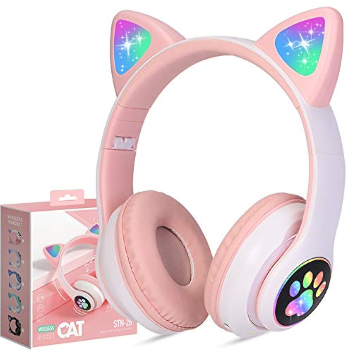 Kids Wireless Headphones Cat Ear Led Light Up Bluetooth Foldable Headphones Ov