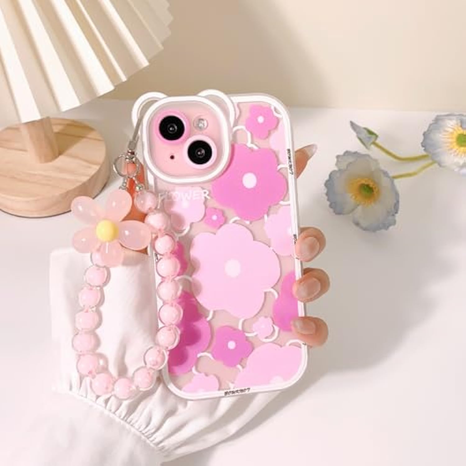 Compatible For Iphone 15 Case Clear Cute Flower Floral Bear For Girls Women Pattern With Chain Lanyard Wrist Strap Soft Tpu Shockproof Protective Girly For Iphone 15-Bear Pink
