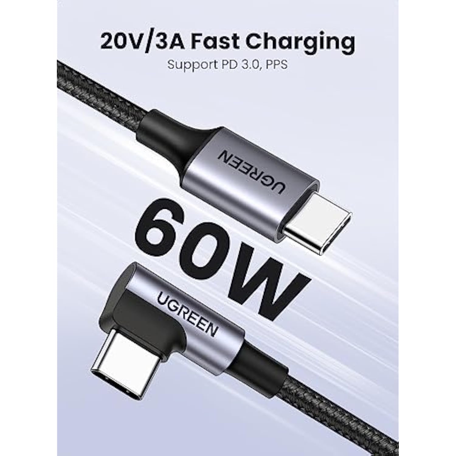 UGREEN Right Angle USB C Cable 10FT, 60W USB C to USB C Cable 90 Degree Type C Cable for iPhone 17/16, MacBook Pro/Air, iPad Pro 2022/Air 5/Mini 6, Galaxy S25/S24/S22, Pixel 8/7, Switch