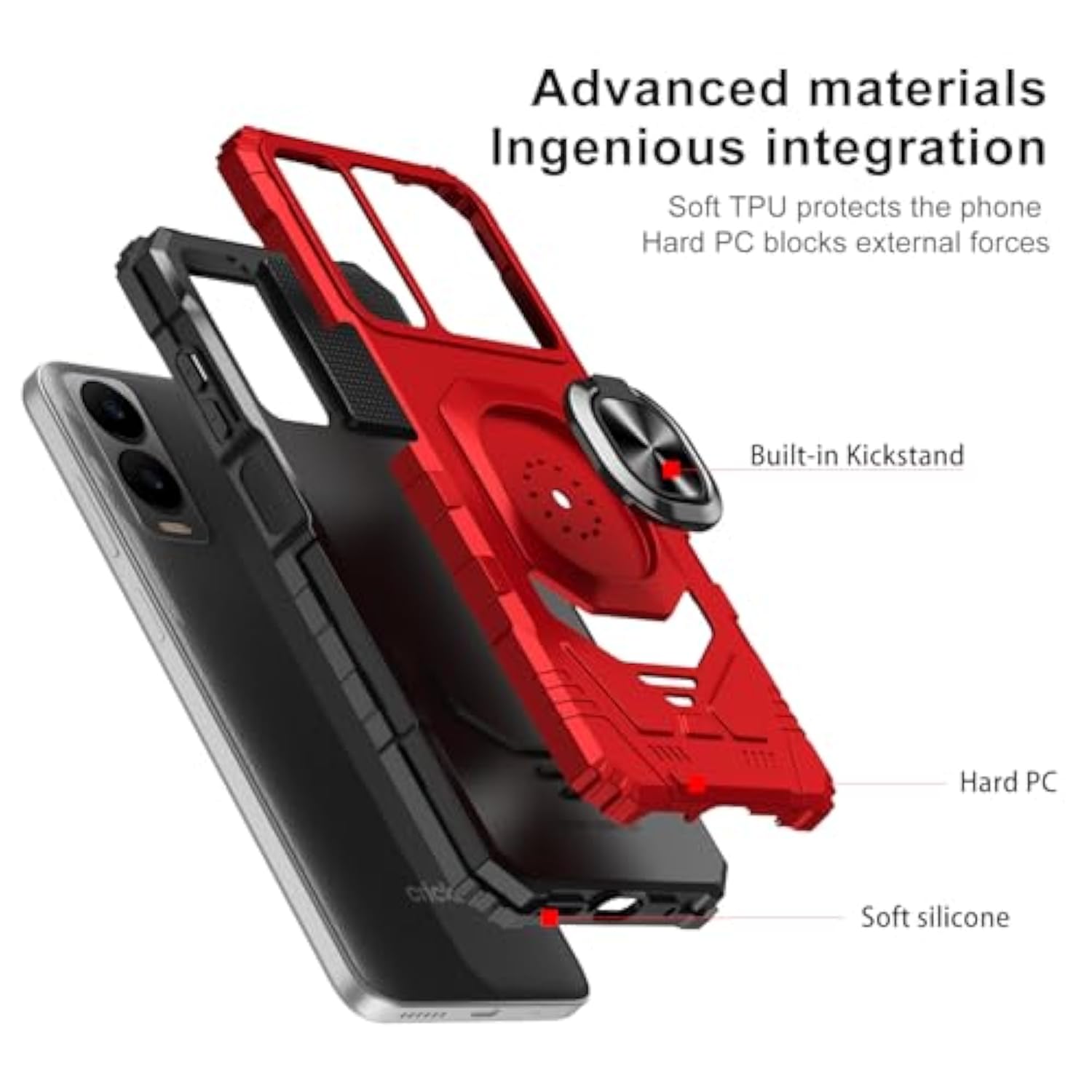 For Cricket Icon 6 Case/Att Verge Case With Screen Protector,Dual Layer Military Grade Protection With Ring Stand,Rugged Shockproof Corner Silicone Phone Case For Icon 6/At&T Verge Red