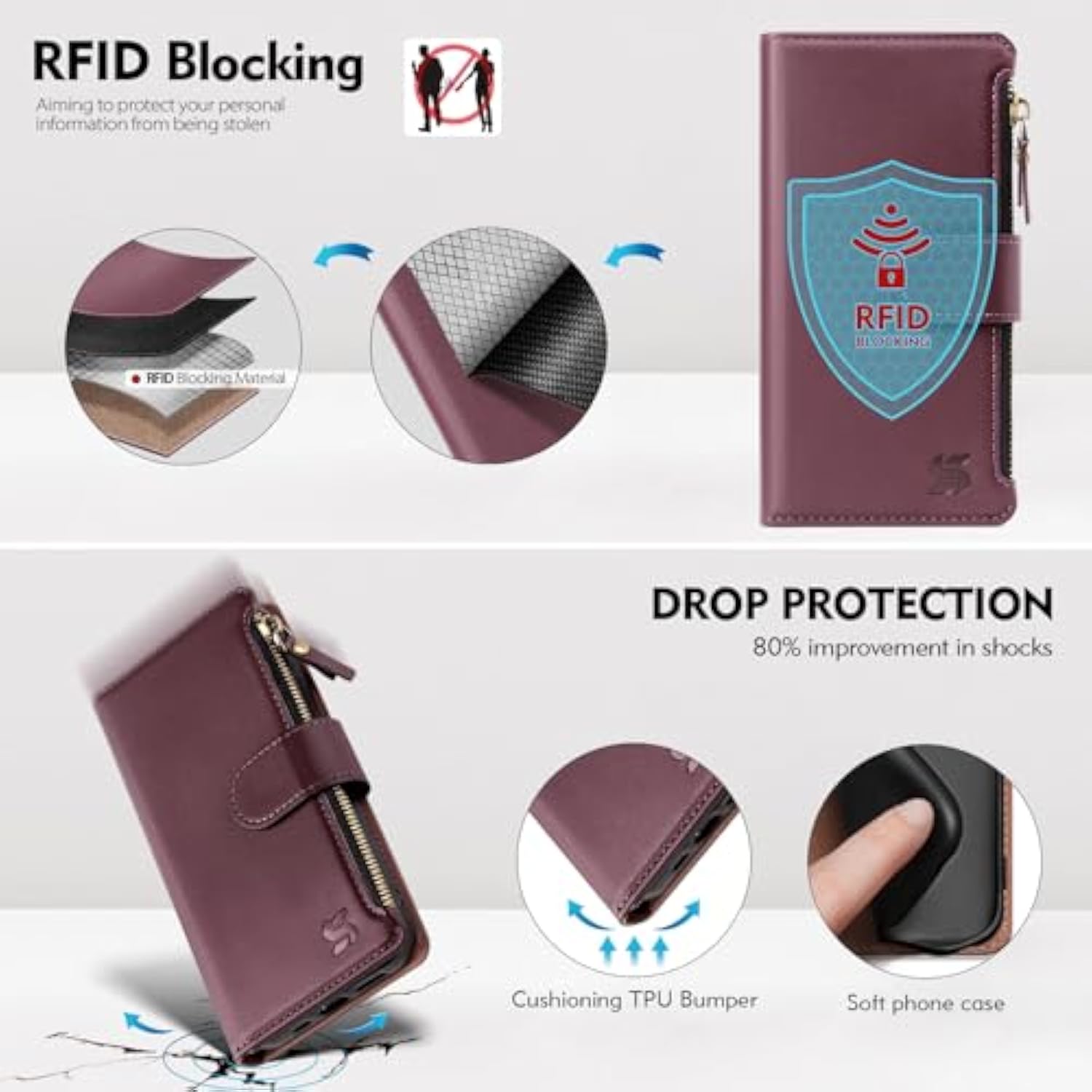 Compatible With Samsung Galaxy A36 5G/A56 5G Wallet Case With Card Holder,Pu Leather Phone Case Flip Protective Cover Wrist Strap Zipper Credit Card Slots Rfid Blocking Women Men,Wine Red