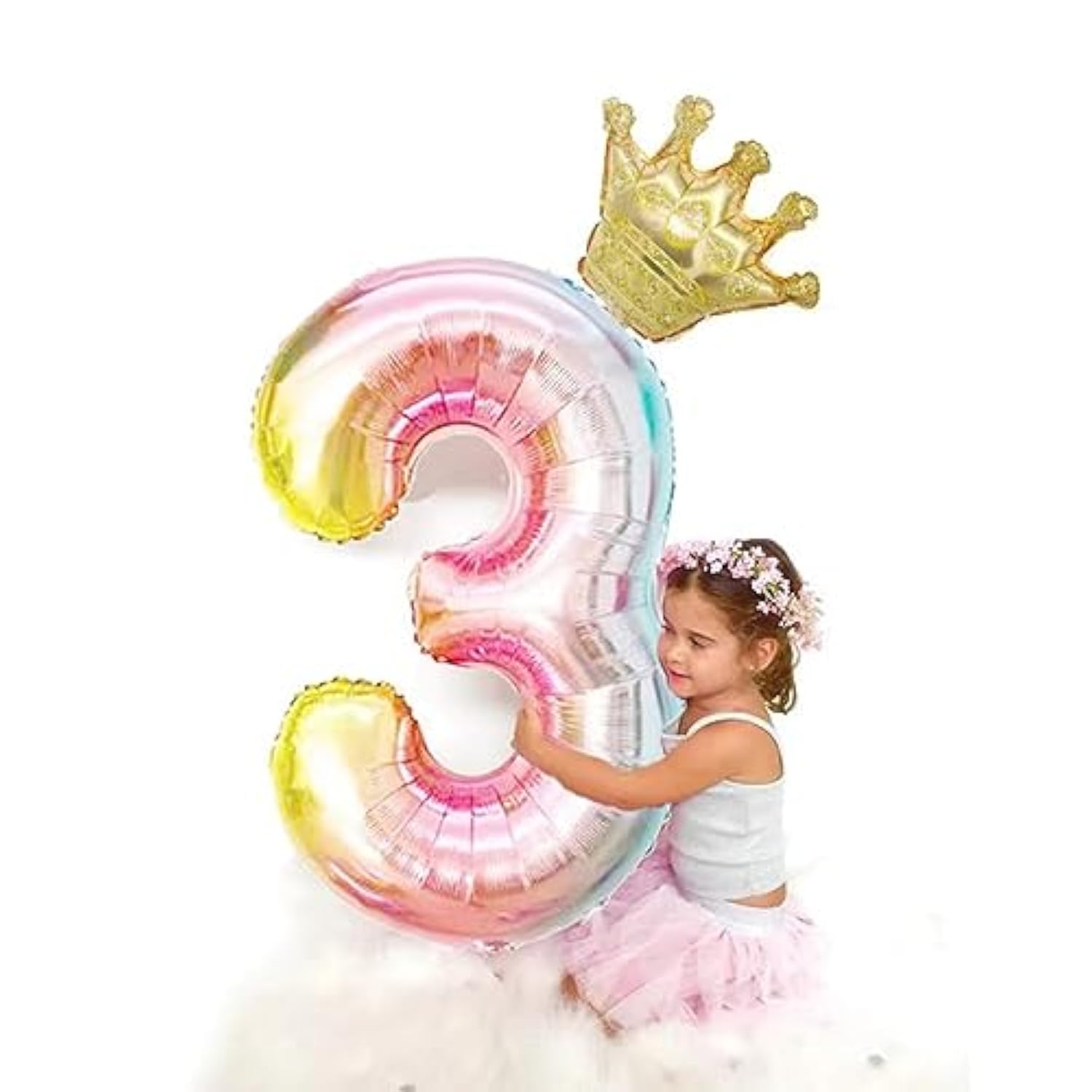 40-Inch Rainbow Gradient Number 3 Crown Balloon Set, 3Rd Birthday Balloons, Children'S 3Rd Birthday Party Decorations. (3)