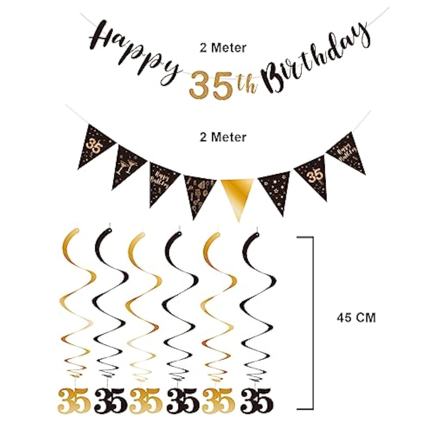 35Th Birthday Decoration Kit Happy 35Th Banner Swirls Streamers Black Gold