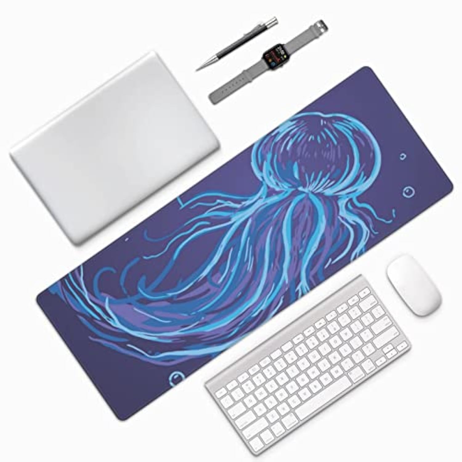 Laptop Mouse Pad Beautiful Drawn Jellyfish Desk Mat With Stitched Edges 31.5X 11.8 Inch Non-Slip Large Keyboard Rubber Writing Table Mat For Office Home