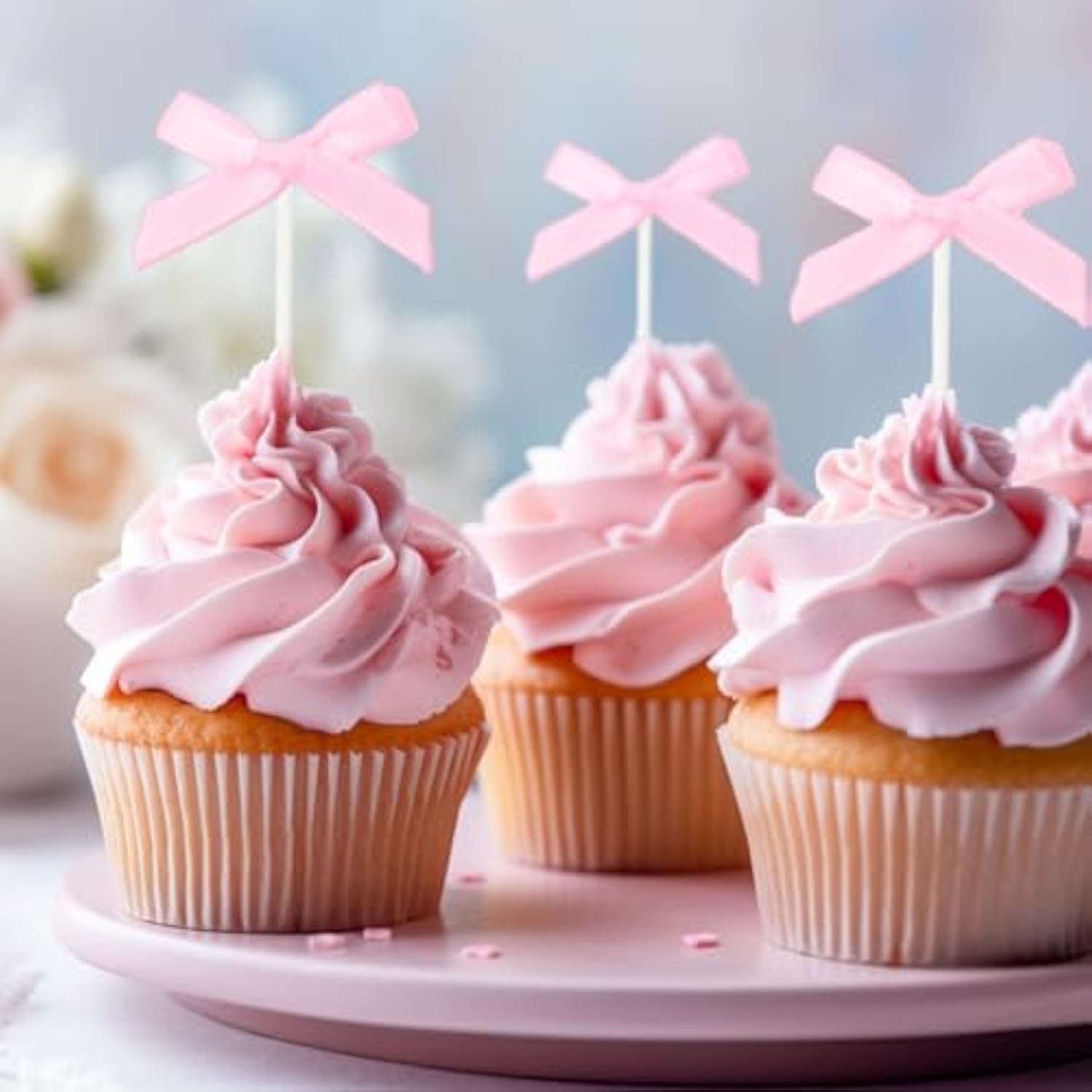 Pearl Bowknot Cake Toppers,Happy Birthday Cake Toppers,Ribbon Bows Cake Decoration Pearl Chain For Wedding Bridal Shower Birthday Bow Theme Party Decorative Supplies(Pink)