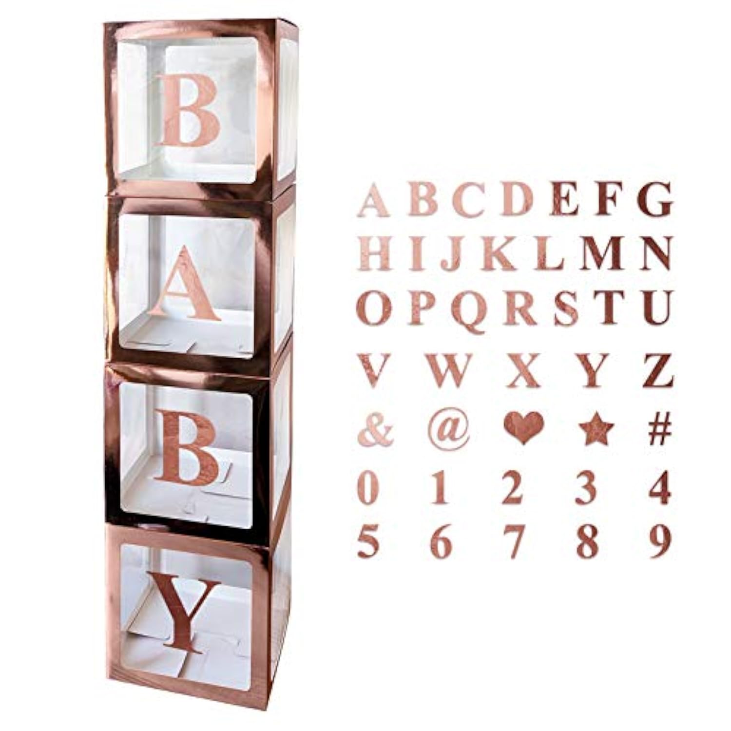 Baby Shower Decoration Boxes Kit, 4 Pcs Rose Gold Transparent Balloon Boxes With 30 Letters 10 Numbers 5 Symbols, Baby Blocks For Baby Shower Gender Reveal Backdrop Birthday Party Decor