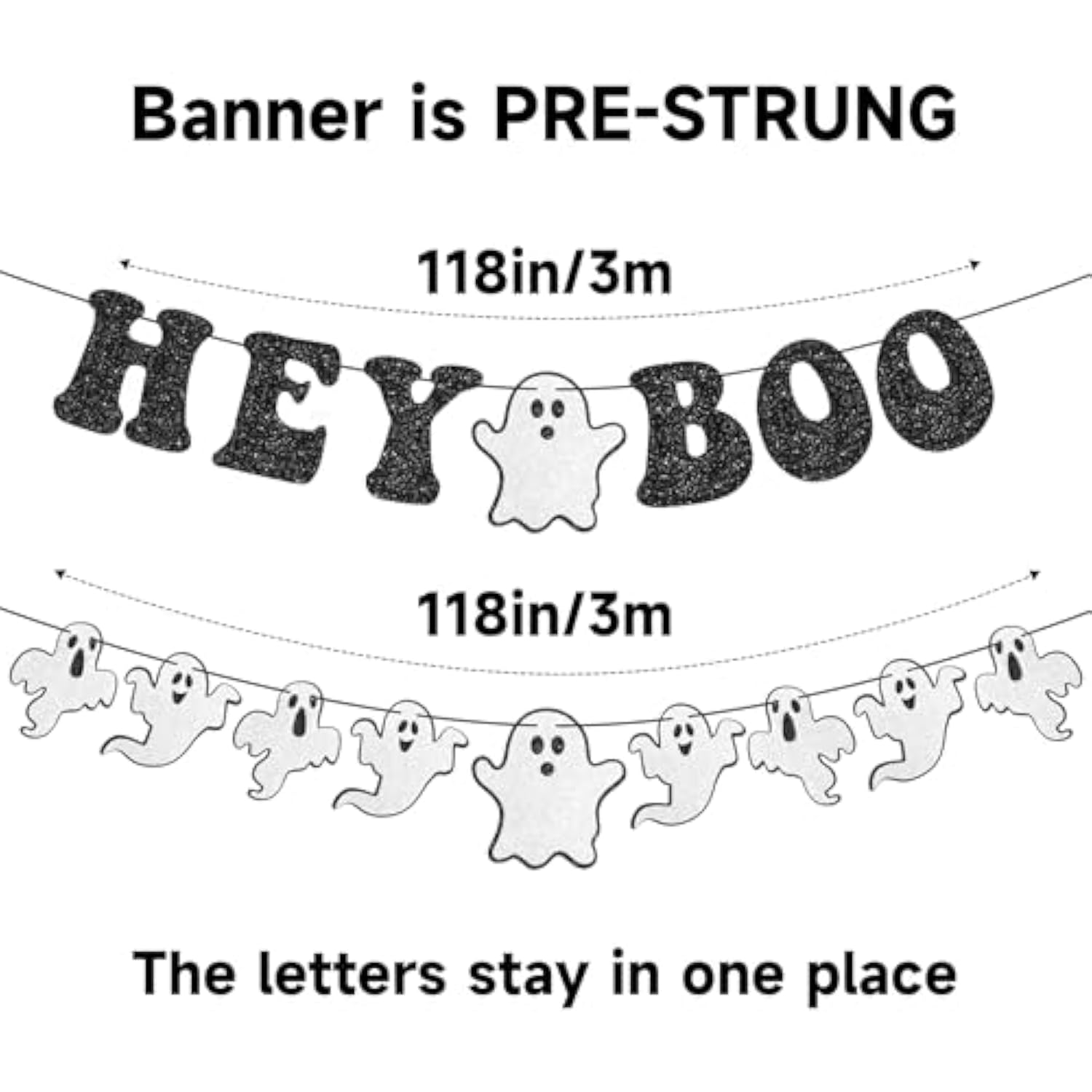 Pre-Strung Halloween Ghost Banner Garland 2pcs Glitter Hey Boo Banner for Indoor Outdoor Decor