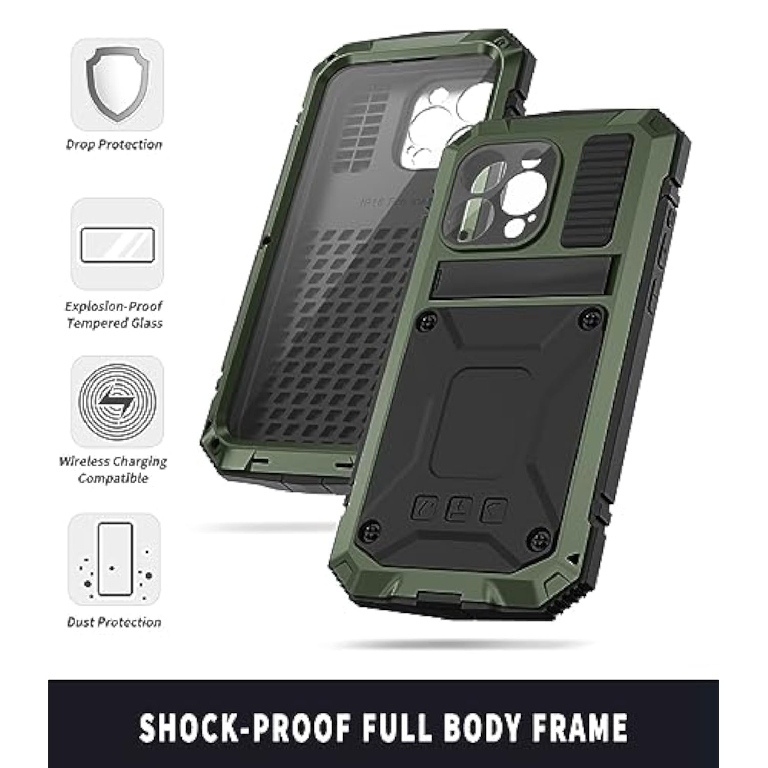 Compatible With Iphone 15 Pro Max Metal Case With Screen Protector Camera Protector Military Rugged Heavy Duty Shockproof Case With Metal Kickstand Full Body Tough Dustproof Case(Green)