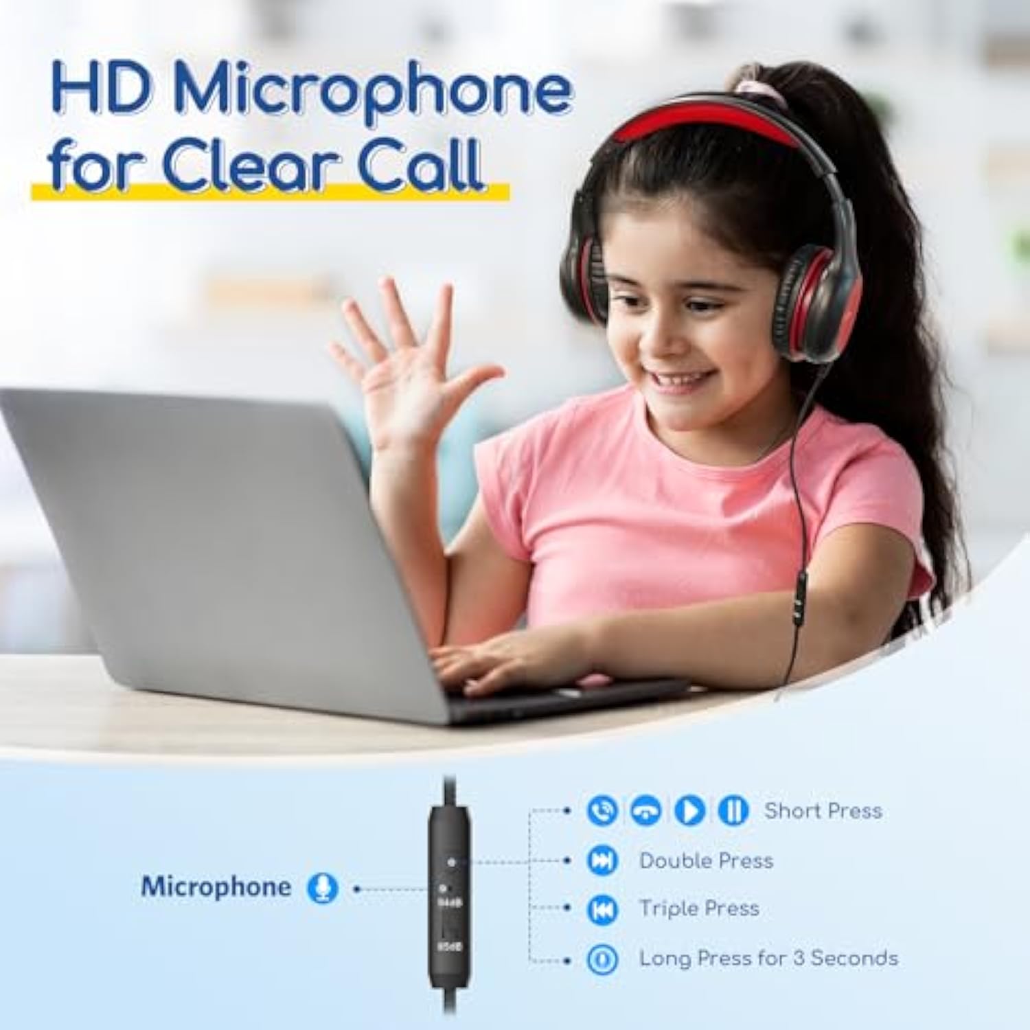 Kids Headphones Wired With Microphone, 85/94Db Volume Limit Headphones For Kids, Portable Wired Headphone With Shareport, Stereo Sound Foldable Headset For School/Tablet//Kindle, Black Red