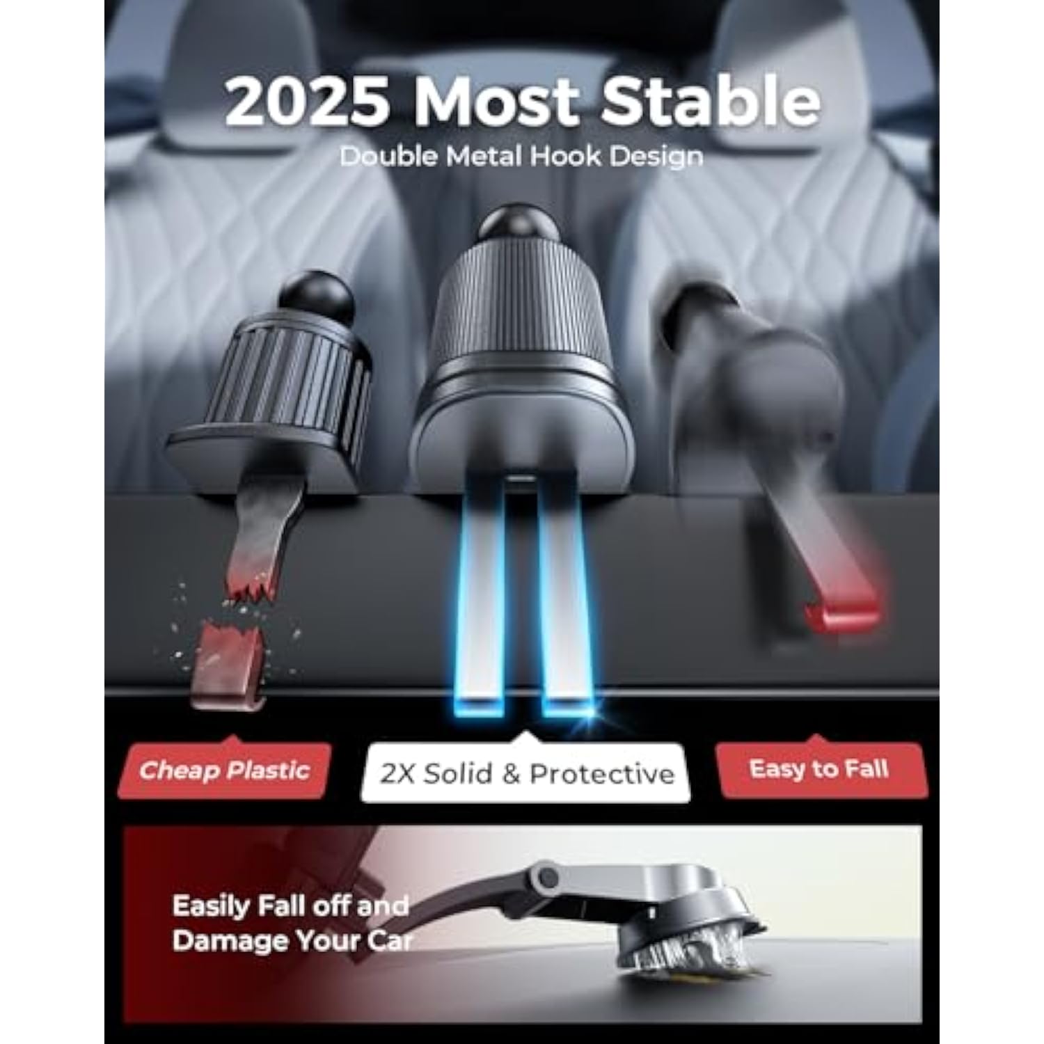 2025 Upgraded Phone Holders For Your Car With New Metal Hook Clip, Handy Air Vent Cell Phone Car Mount [One Hand Operation], Universal Automobile Cradle For Iphone Android And All Smartphones
