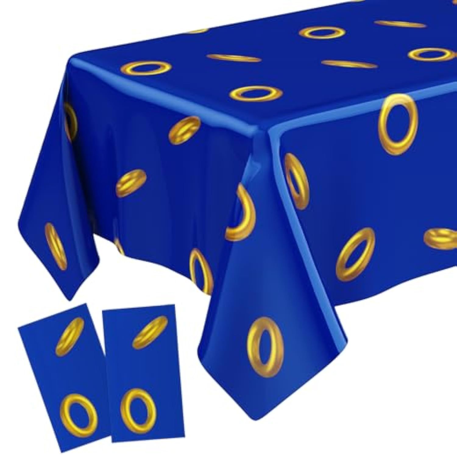2 Pcs Blue With Gold Ring Print Plastic Tablecloth 108 X 54 Inches Disposable Rectangle Cartoon Tinsel Video Games Table Cover For Kids Boys Girls Toddler Birthday Baby Shower Party Supplies