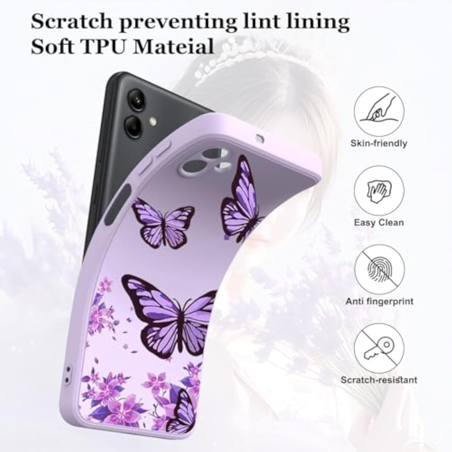 Samsung Galaxy A07 4G Case with 2 PCS Screen Protectors, Soft Liquid Silicone Anti-Scratch Protective Shockproof Florals Cover for Samsung Galaxy A07 (Purple Butterfly, Samsung Galaxy A07 4G)