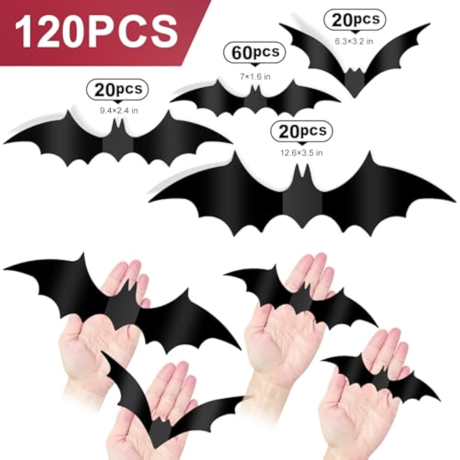 120PCS 3D Black Halloween Bat Wall Stickers Reusable DIY Home Party Decor