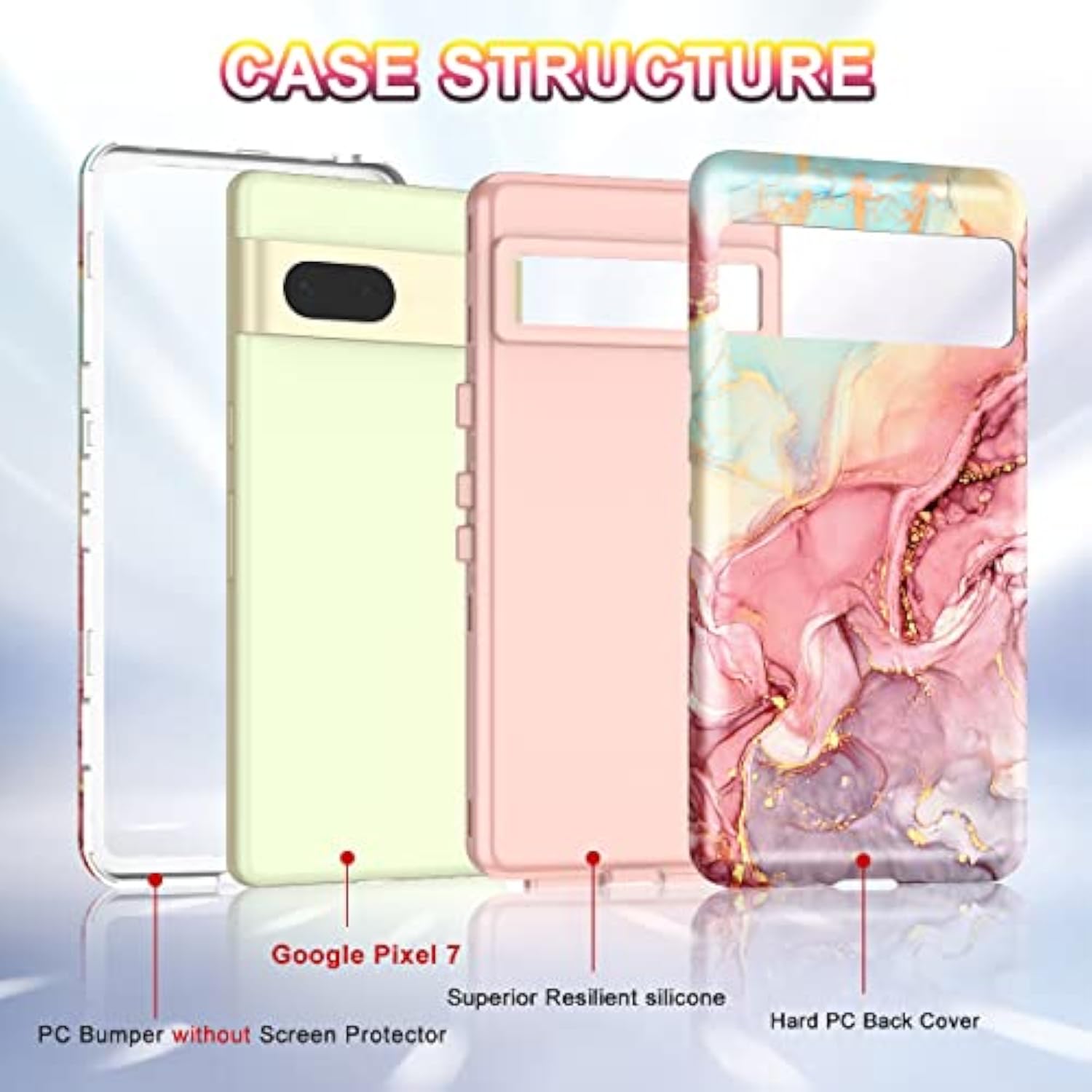 For Google Pixel 7 Case, Marble Pattern 3 In 1 Heavy Duty Shockproof Full Body Rugged Hard Pc+Soft Silicone Drop Protective Women Girl Phone Covers For Google Pixel 7 (2022), Rose Gold