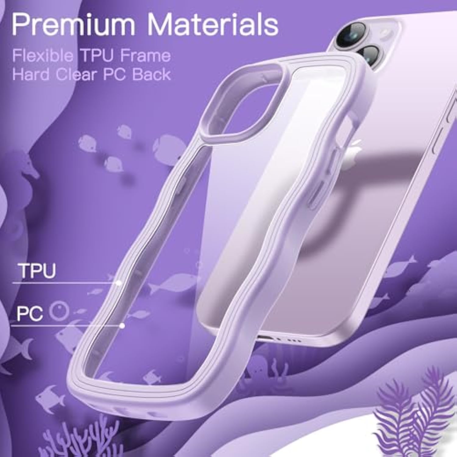 JETech Cute Case for iPhone 14 Plus 6.7-Inch, Wave Frame Curly Shape Shockproof Phone Cover for Women and Girls, Clear Hard PC Back (Purple)