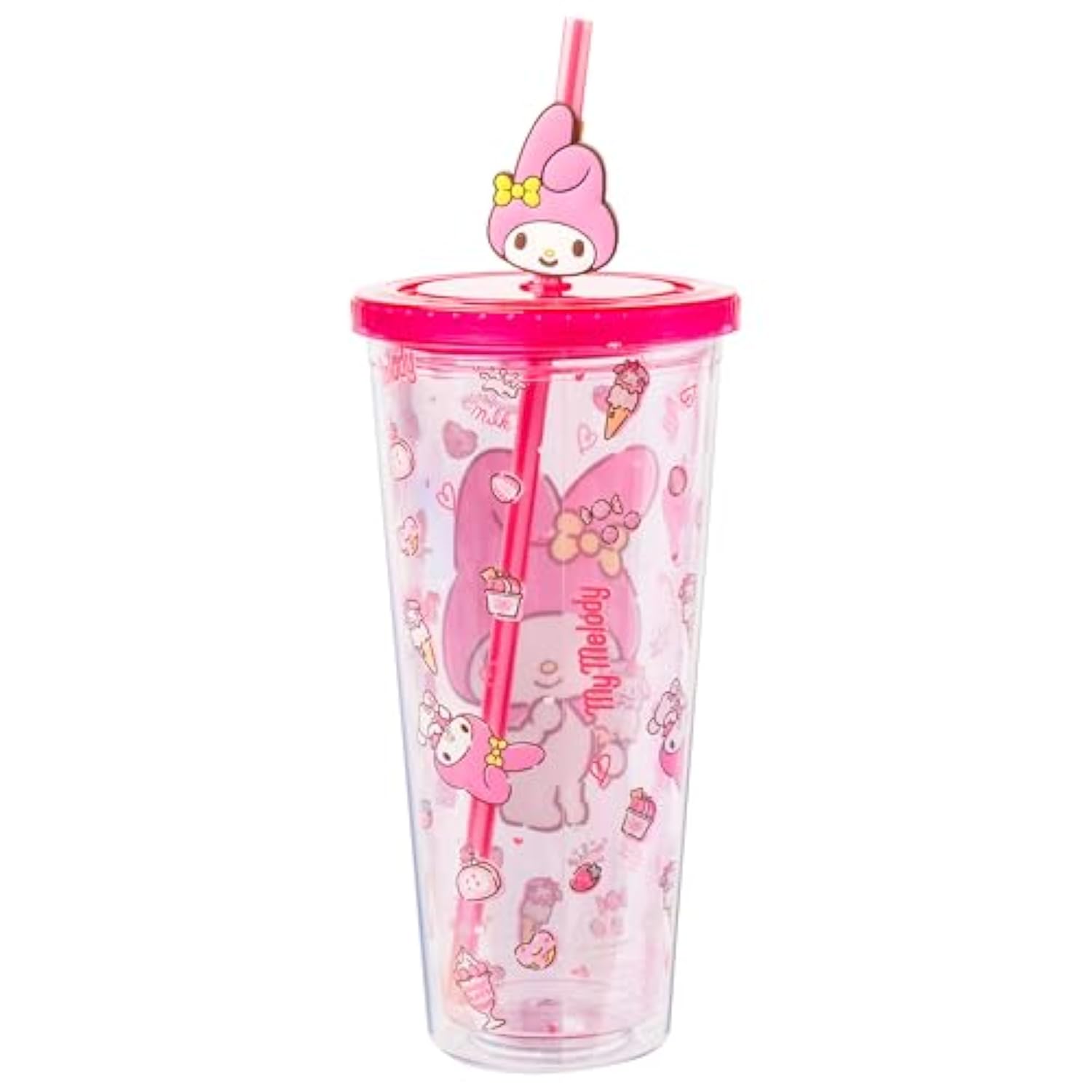 Silver Buffalo Sanrio My Melody Pink Strawberry Pattern Plastic Cold Cup with Lid and Topper Straw 24 Ounces