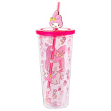 Silver Buffalo Sanrio My Melody Pink Strawberry Pattern Plastic Cold Cup with Lid and Topper Straw 24 Ounces