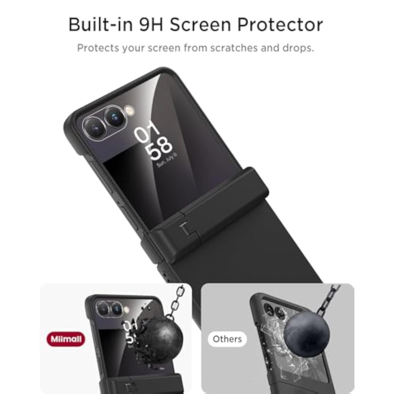 Miimall Kickstand Case for Samsung Flip 7 with Hinge Protection,[Military Grade Shockproof][Screen Protector] Anti-Scratches Nonslip Grip Full Body Cover,Rugged Flip 7 Phone Case with Stand,Black