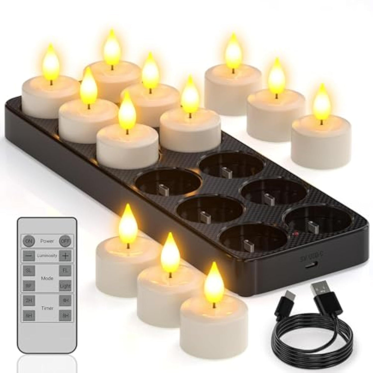 Rechargeable Tea Lights Candles With Charger Storage Base, 12 Pack Battery Operated Led Flameless Tealight Candles With Remote Timer For General Fireplace Halloween Pumpkins Christmas Party Decor