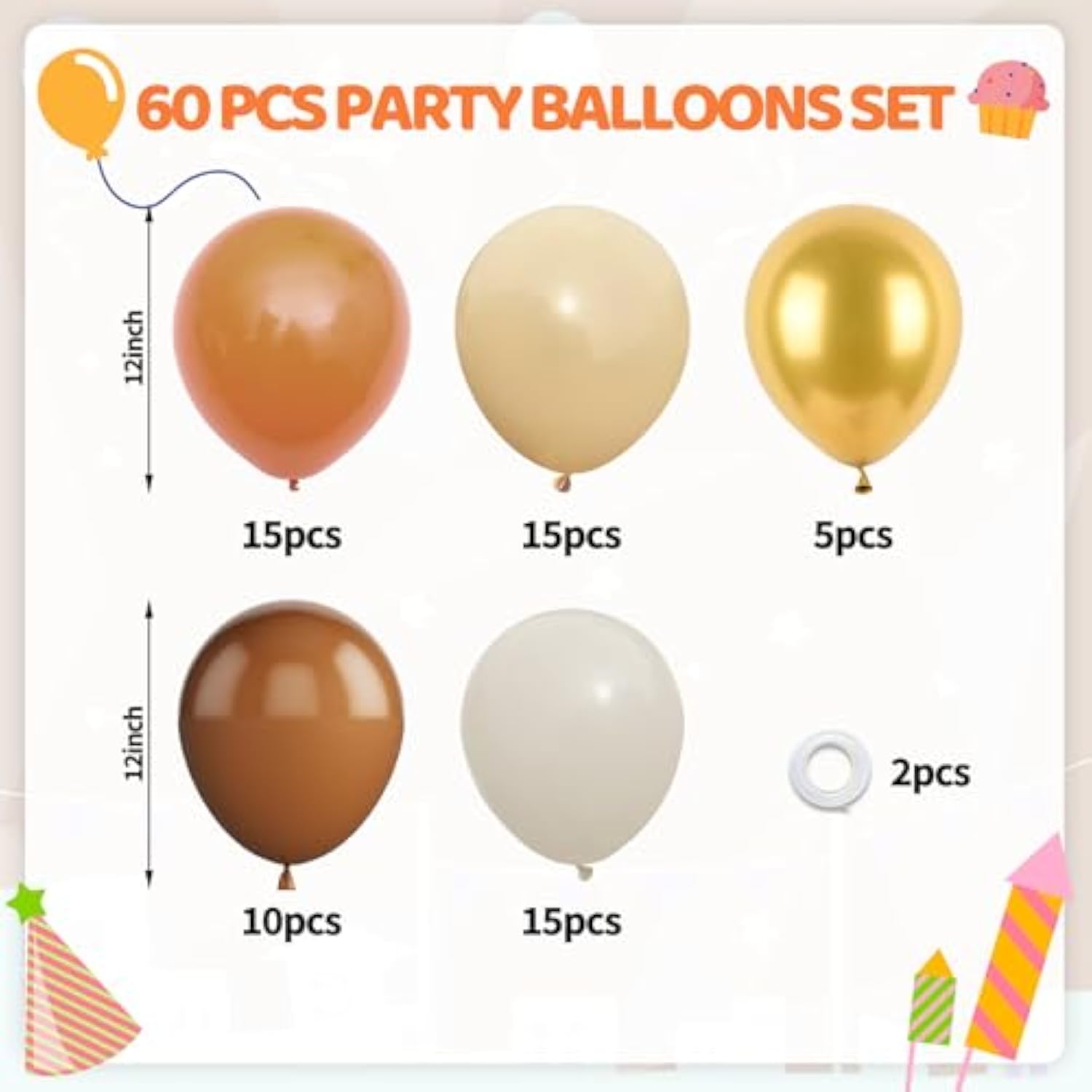 Fall Balloon Set: 60pc Orange, Brown, Gold, & Ivory Latex Balloons