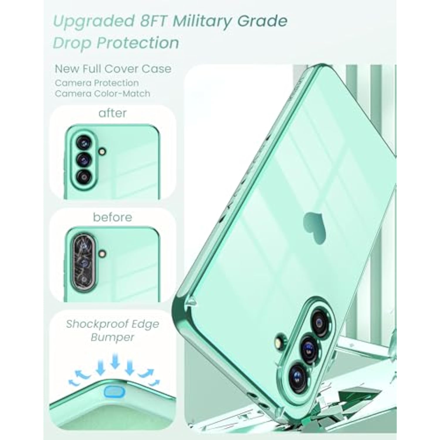 For Samsung Galaxy A36 5G Case With 2X Screen Protector, For Girl Women Cute Girly Love-Heart Luxury Gold Soft Cover Camera Protection Bumper Silicone Shockproof Phone Case (Mint)