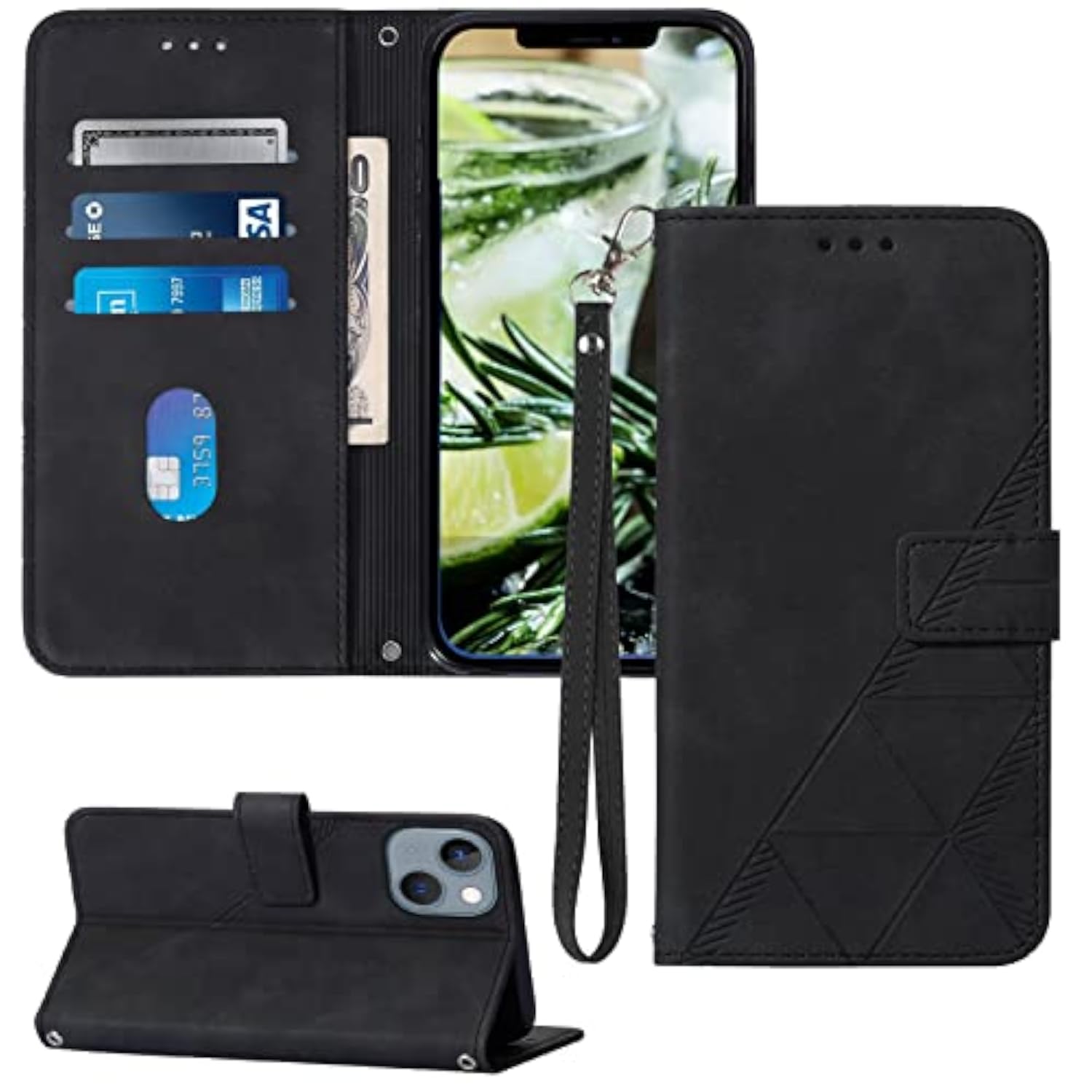 Wallet Case with Wrist Strap for iPhone 13 and 14 in Black