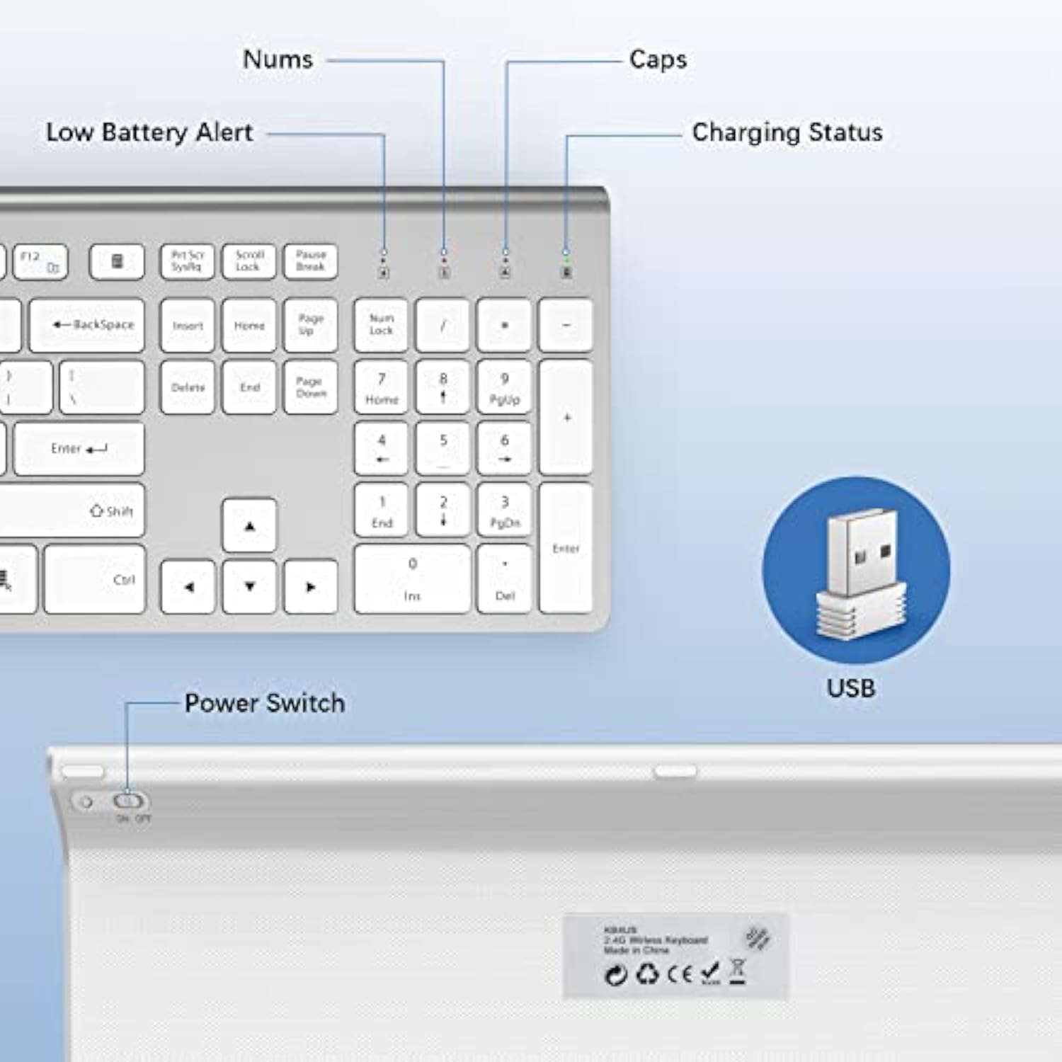 Wireless Keyboard, 2.4G Rechargeable Ultra Slim Full Size Silent Wireless Comp