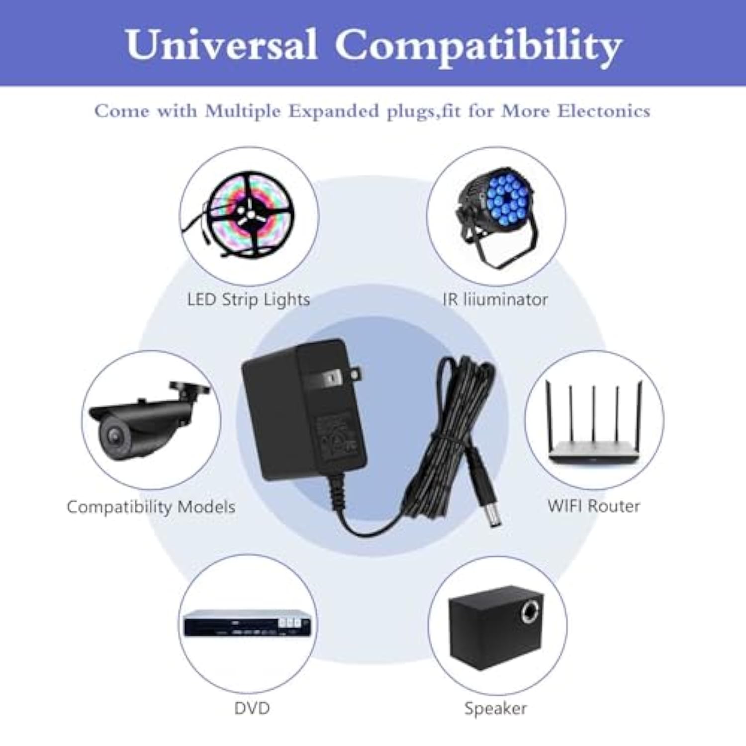 5V 1A Wall Charger Power Adapter with Plug 5.5 x 2.1mm, 5W Universal AC/DC Adapter 100-240V AC to DC 5V Power Cord Converter with 9 Interchangeable Jacks Plug (1 Pack)