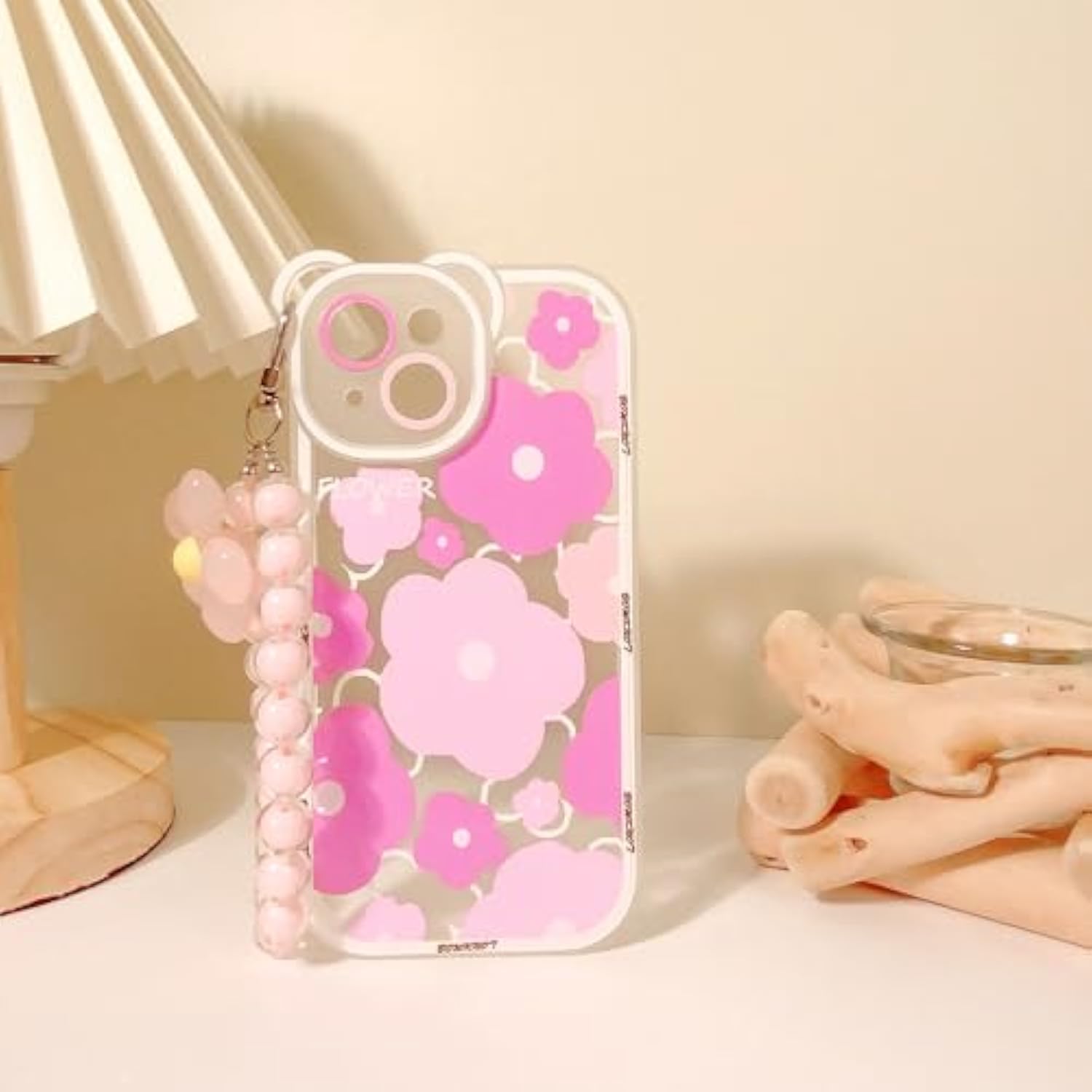 Compatible For Iphone 15 Case Clear Cute Flower Floral Bear For Girls Women Pattern With Chain Lanyard Wrist Strap Soft Tpu Shockproof Protective Girly For Iphone 15-Bear Pink