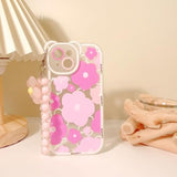 Compatible For Iphone 15 Case Clear Cute Flower Floral Bear For Girls Women Pattern With Chain Lanyard Wrist Strap Soft Tpu Shockproof Protective Girly For Iphone 15-Bear Pink
