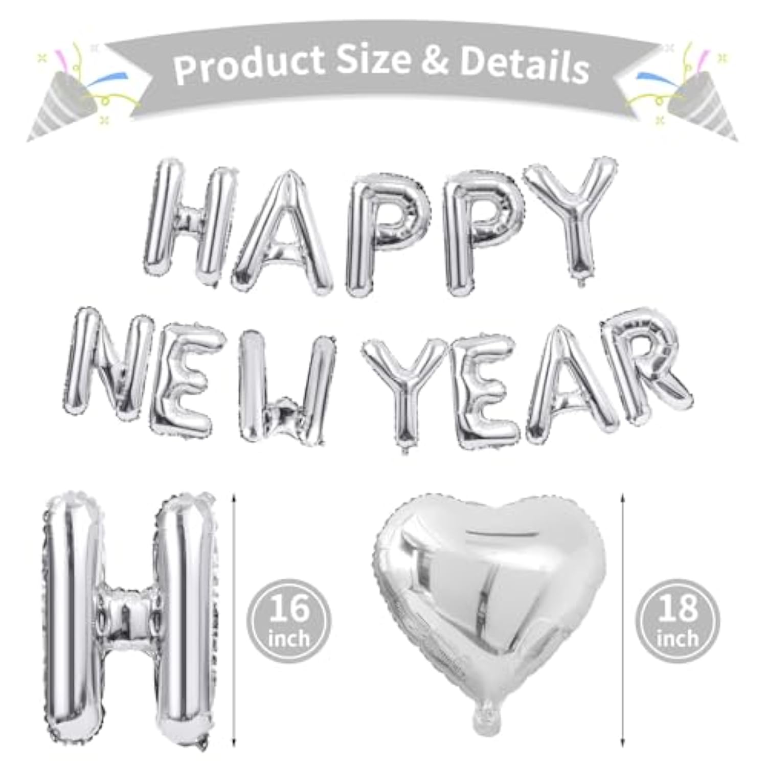 32in Silver 2026 Number Balloons Happy New Year Foil Party Decorations