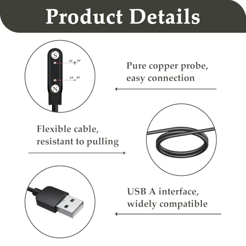 2 Pack Smart Watch Magnetic Charger Cable, Universal 2-Pin 7.62mm Pin Pitch Replacement Charging Cord Compatible with Kid Smartwatch, Fitness