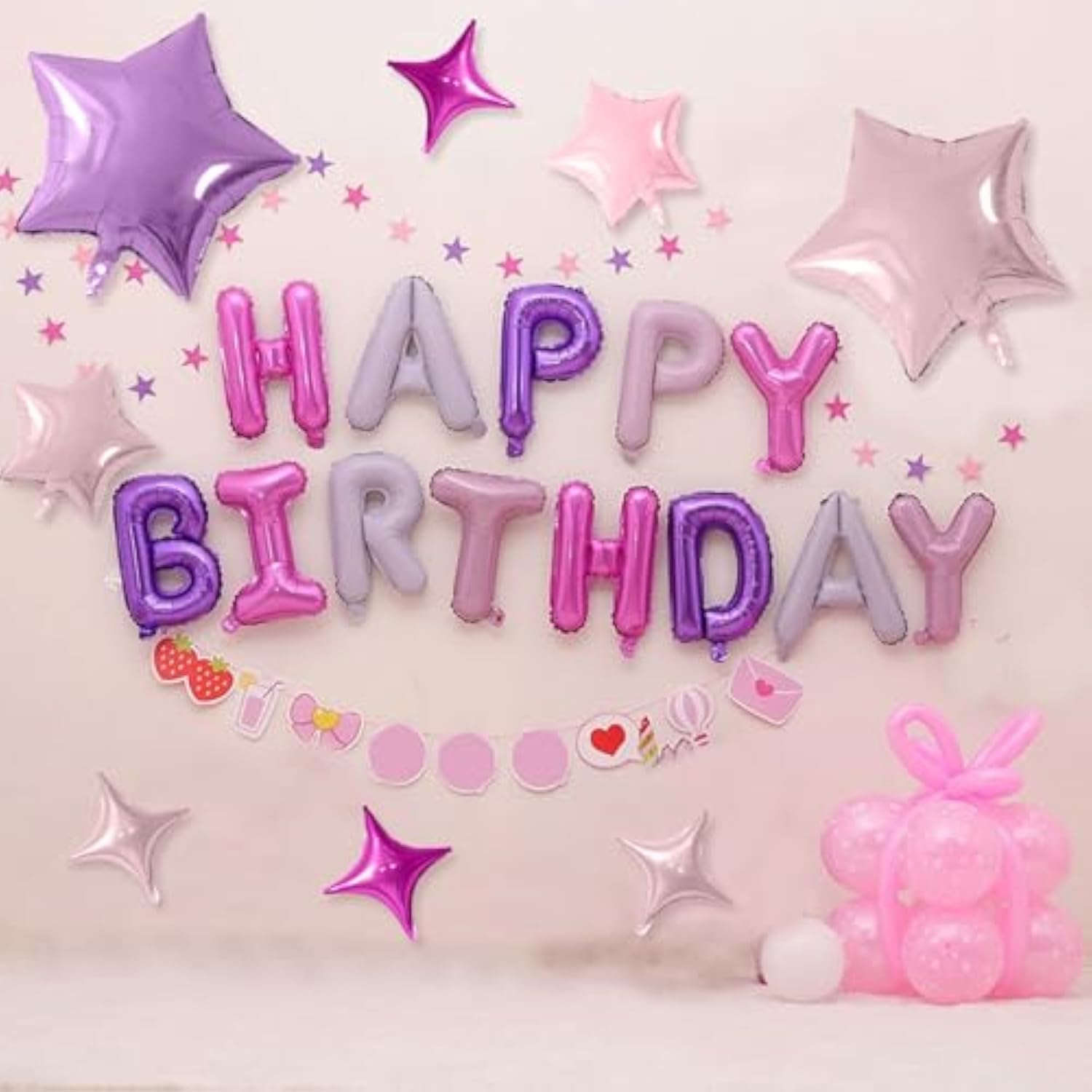 Happy Birthday Balloons, Pink Purple Happy Birthday Banner Balloon, 16 Inch Foil Letter Balloons With 8 Pcs Purple Pink Star Balloon For Women Girls Birthday Party Decoration