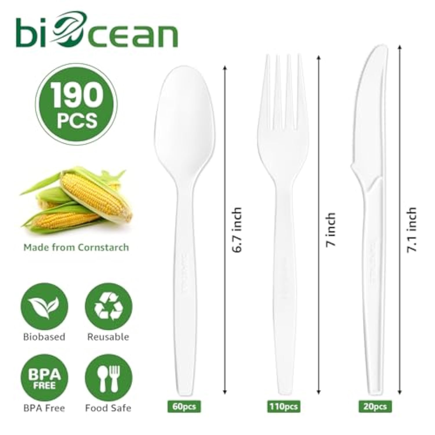 Extra Heavyduty Compostable Cutlery Set - 190 Count Large Disposable Utensils No Plastic Forks Spoons Knives Biodegradable Fork Eco Friendly Silverware For Party,Bbq,Daily Use,Events,Picnic