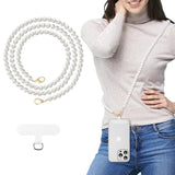 MoKo Universal Phone Lanyard, Pearl Beaded Cell Phone Chain Crossbody Strap Anti-Theft Detachable Women Cellphone Lanyards Around The Neck with Patches for iPhone, Most Smartphones - White