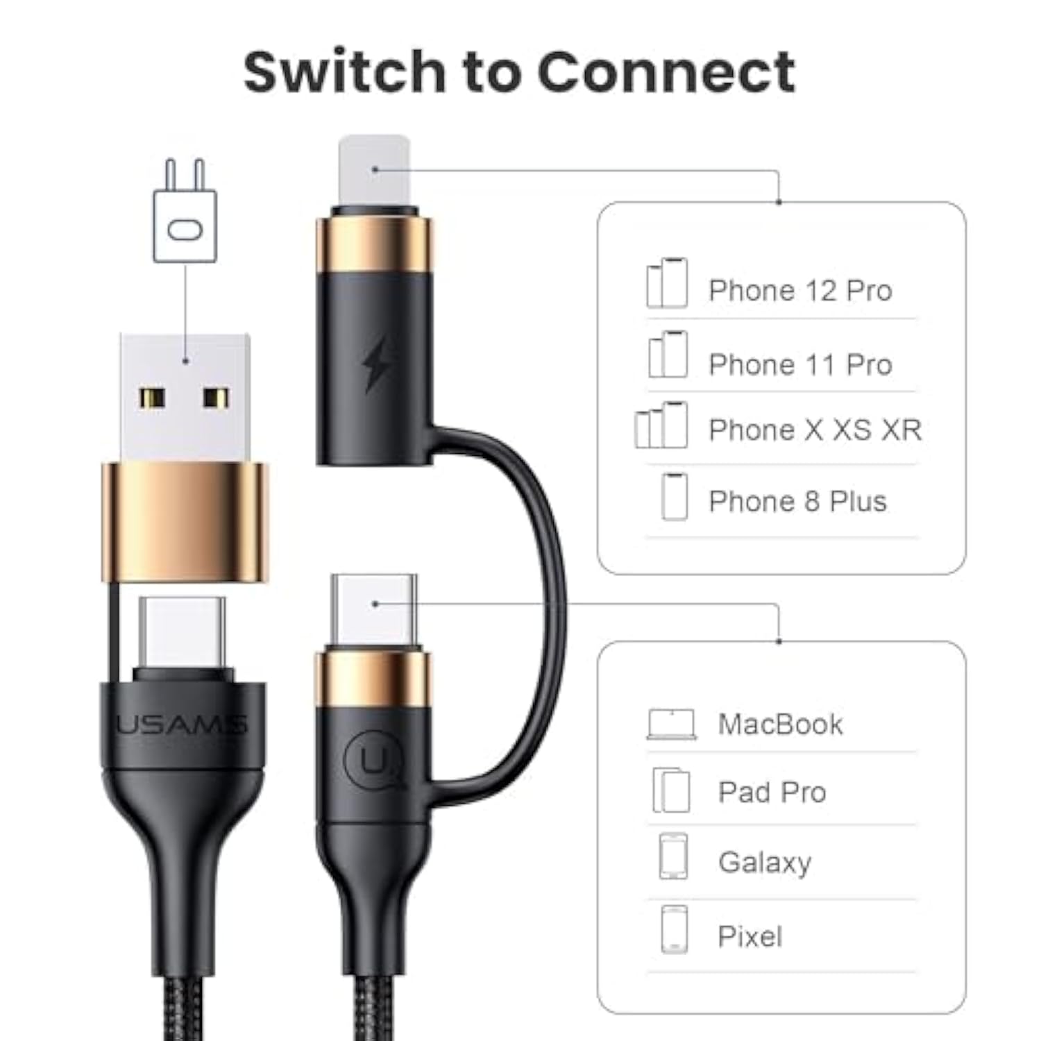 Usb C Multi Fast Charging Cable Pd 60W Nylon Braided Cord 4-In-1 3A Usb/C To Type C/Phone Fast Sync Charger Adapter Compatible With Laptop/Tablet/Phone (Black, 6.6Ft)