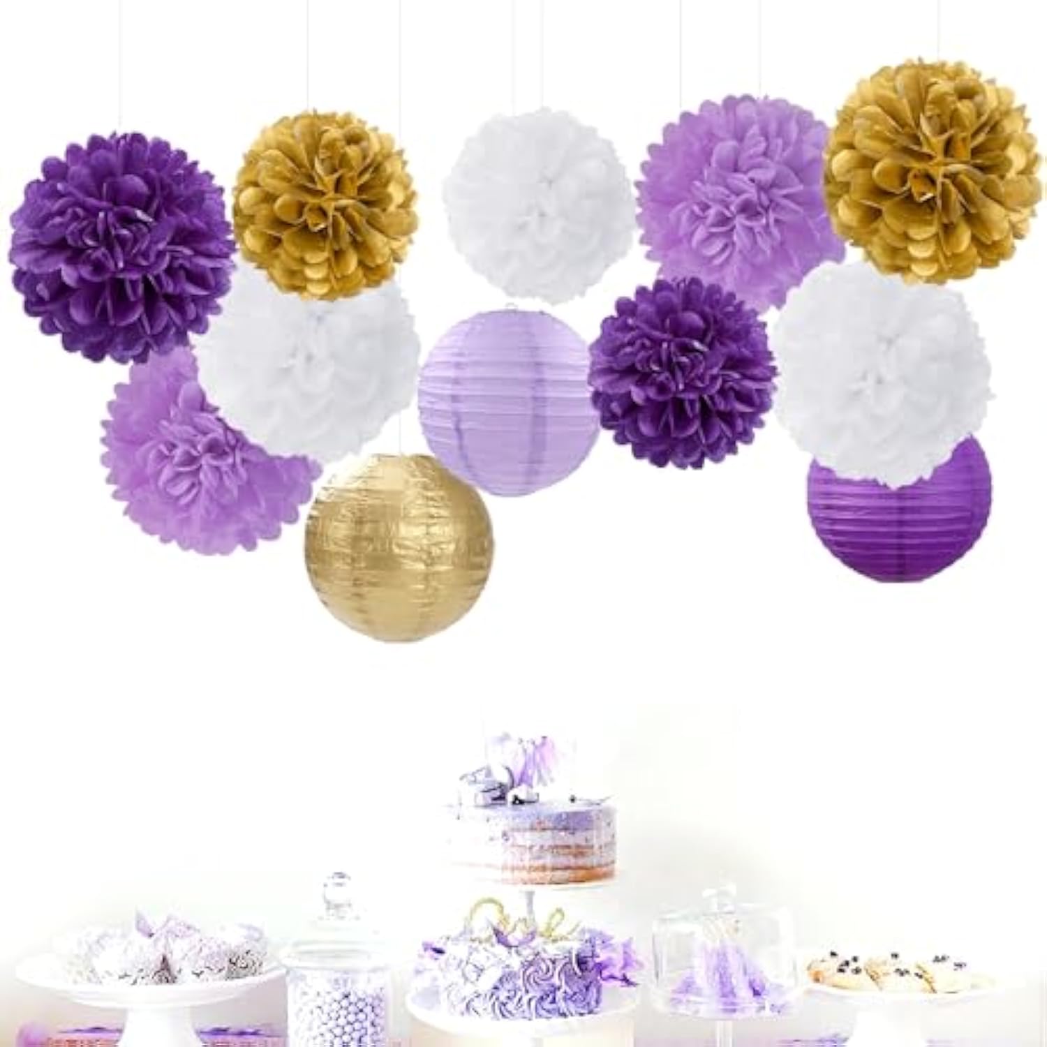 Purple White-Gold Party-Decorations Paper Flowers Lanterns - 15Pcs Graduation Lavender Tissue Pom Poms Streamers,Wedding Birthday Bachelorette Baby Shower Classroom Hanging Supplies Decor