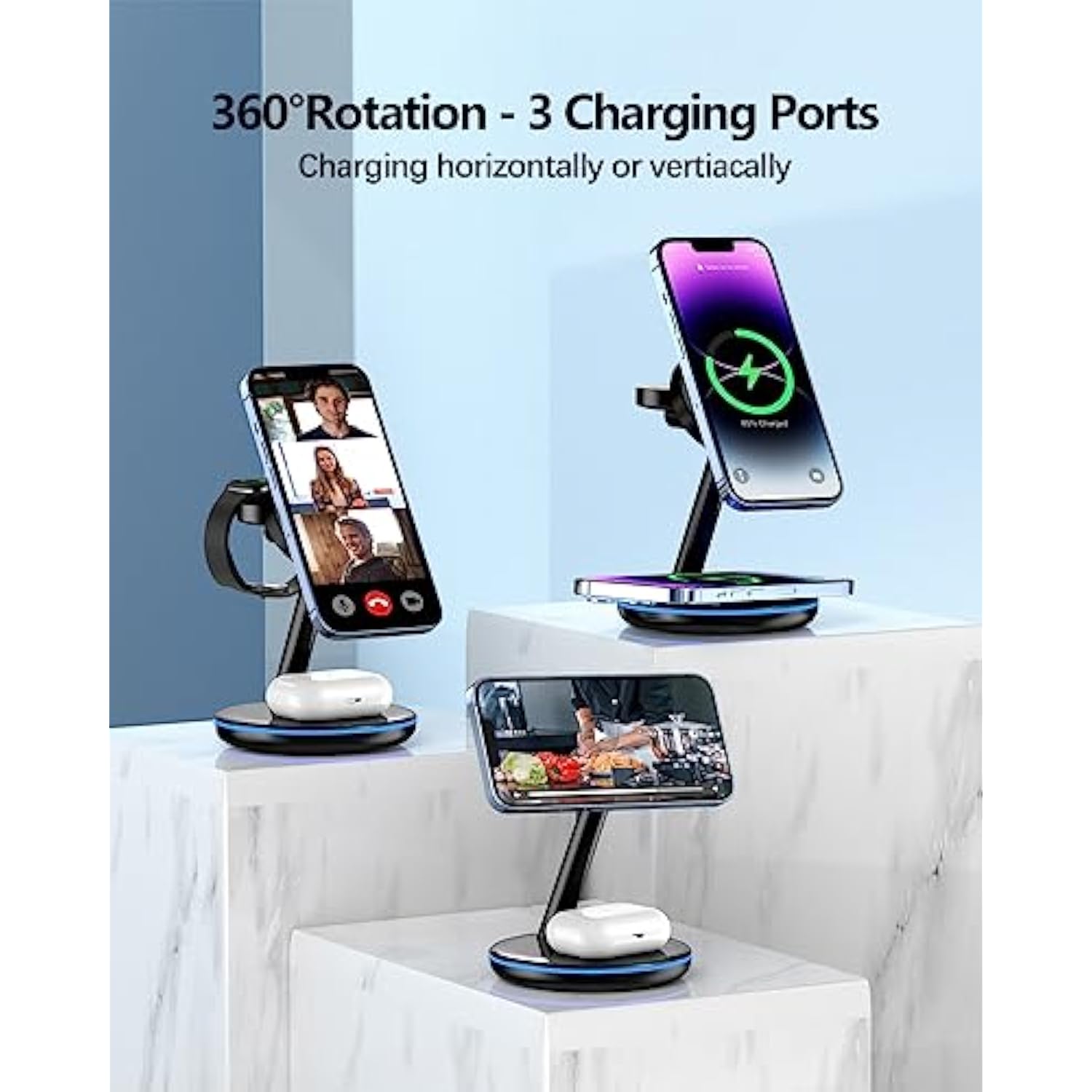 3 In 1 Charging Station For Apple Devices 18W Fast Mag-Safe Charger Stand Magnetic Wireless Charger Station For Iphone16 15 14 13 12 Pro/Pro Max/Plus/Mini Airpods 2/3/Pro Iwatch Ultra/8/7/Se/6/5/4/3/2
