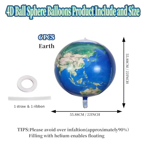22" Round Sphere Globe Foil Balloons,6 Pcs Earth-Printed Mylar Balloons