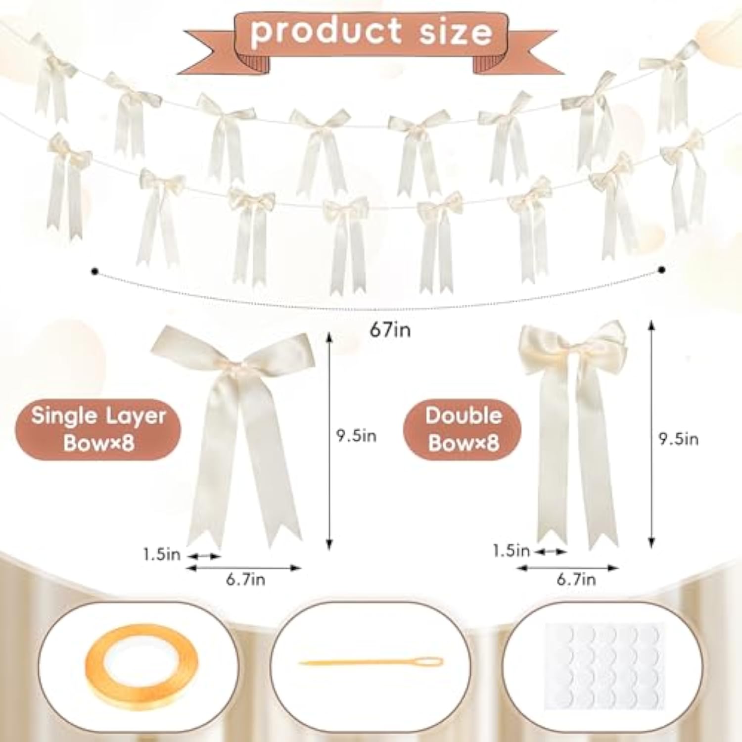 16 Pcs Ivory White Fall Bow Garland Ribbon Banner, Satin Fall Bows Mantel Fireplace Decorations For Autumn Party Thanksgiving Halloween Birthday Wedding Baby Shower Bridal Shower Bachelorette Supplies