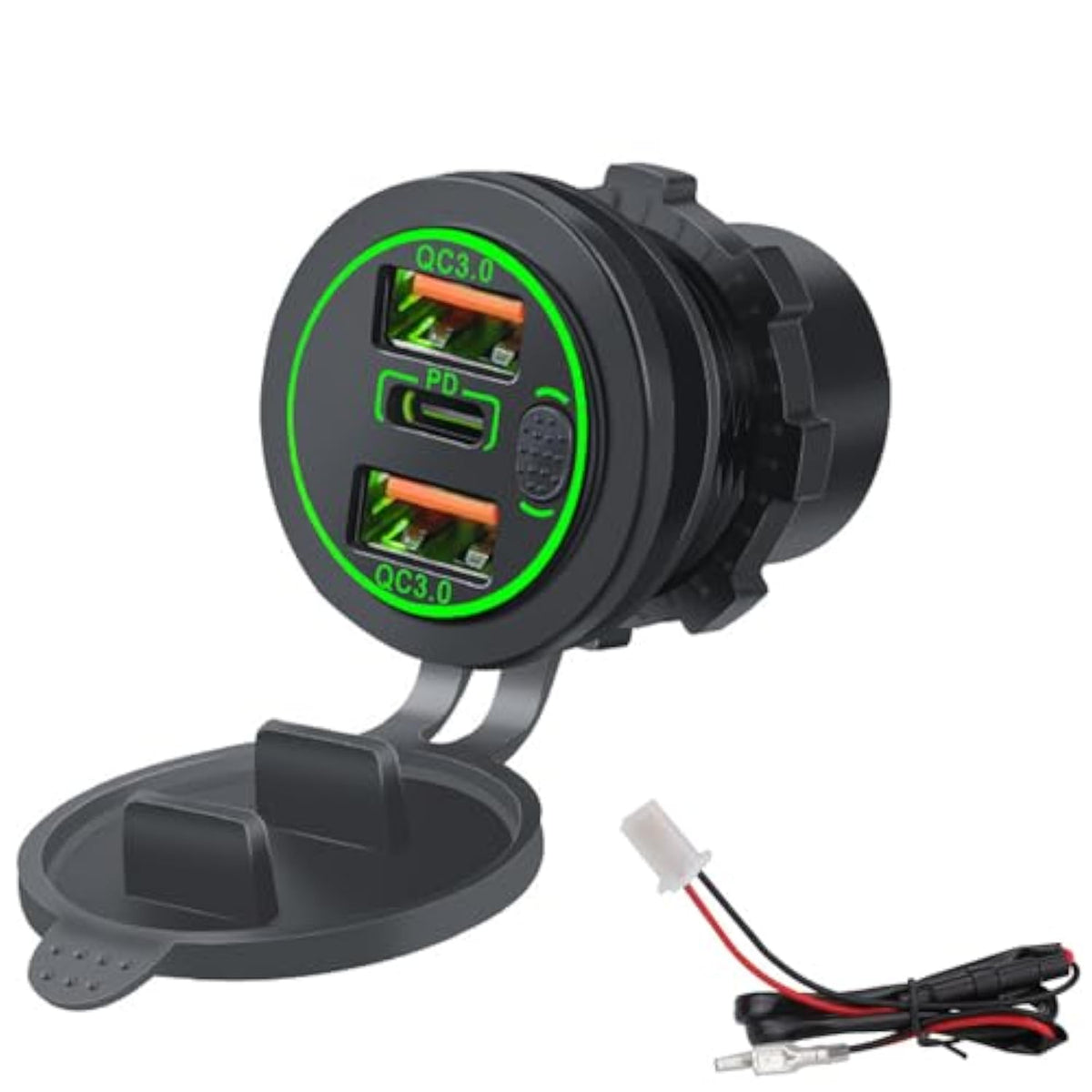 3 Ports 18W Usb Car Charger With Switch, 12-24V Dual Qc 3.0 Usb & Pd Usb C Cigarette Lighter Socket Outlet, Dashboard Mount Quick Charge Charger For Car Truck Marine Boat, Green Light