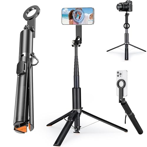 Magnetic Phone Tripod,76" Auto-Open Phone Stand with Metal Ring & Rechargable Remote,Portable Selfie Stick with Magnetic Holder for
