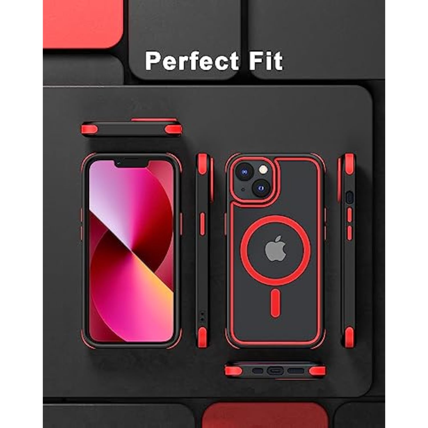 For 14 Case/ 13 Case, Compatible With Magsafe, Crystal Clear Case W/Magnetic Ring, Multicolor Protective Shockproof Bumpers, Not Yellowing Slim Cover For Men Women (Black/Red)
