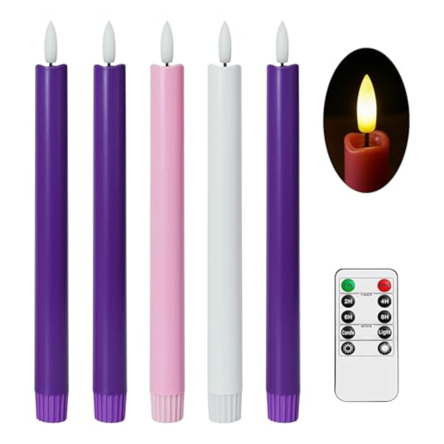 Flameless Advent Candles, Set Of 5 - Flickering Led Flame, 10 Inch Taper Candlesticks, Remote Controlled - 3 Purple, 1 Pink, 1 White For Christmas Wreath