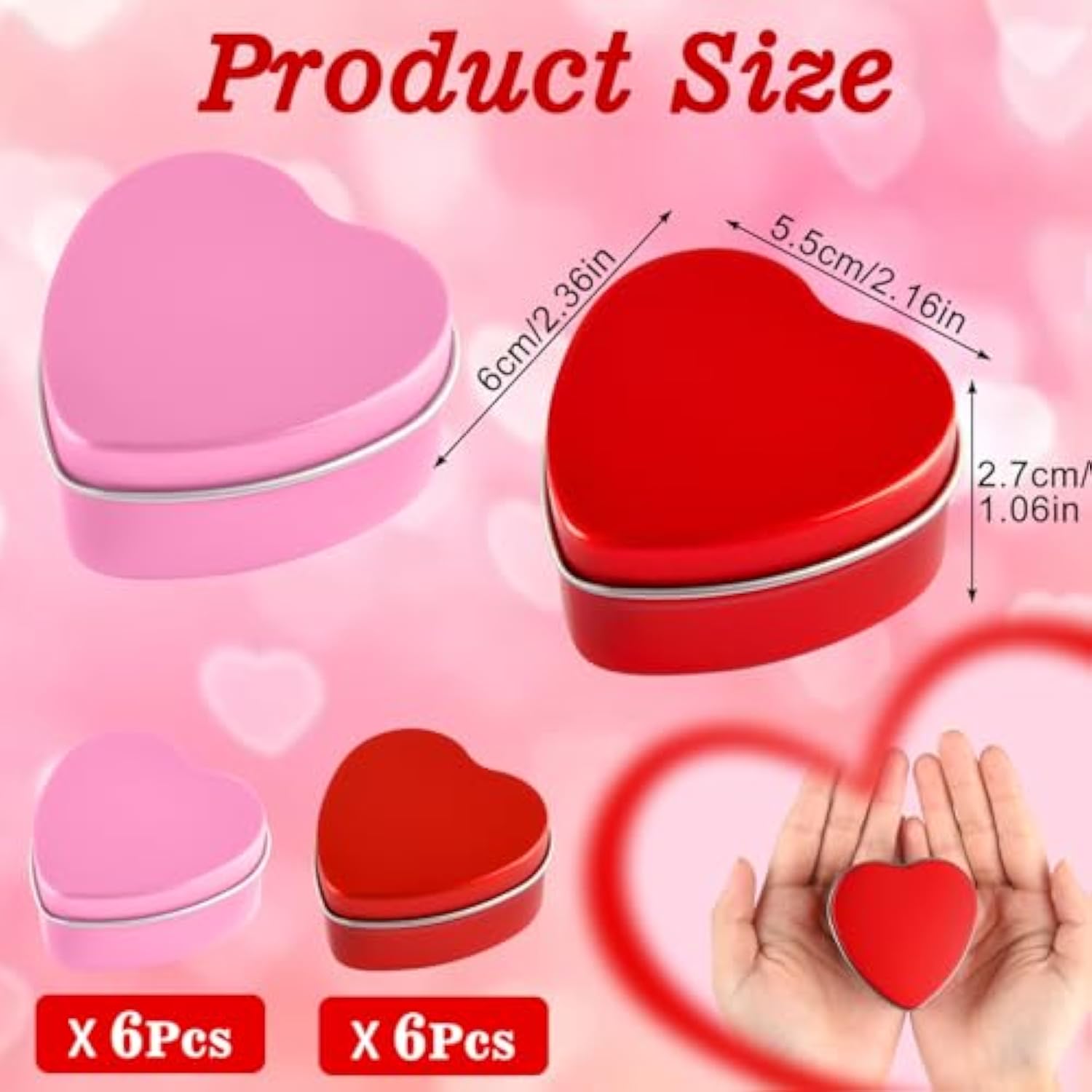 12 Pack 2Oz Valentine'S Day Heart Tins With Lids Bulk Heart Candle Jars Valentine Candle Containers, Heart Shaped Boxes For Candy, Metal Tin Boxes For Candle Making Gifts (Red, Pink)