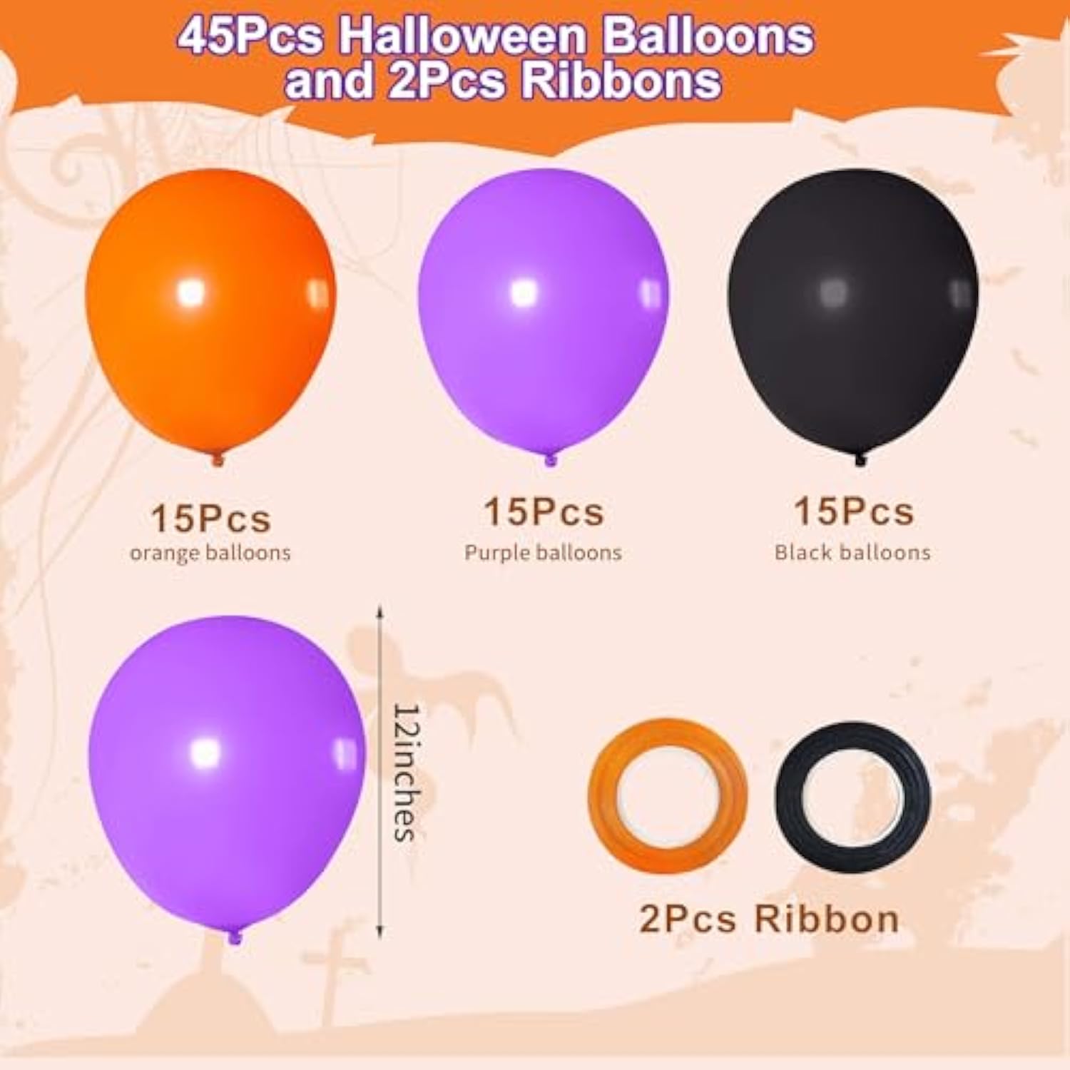 45Pc Halloween Latex Balloons – 12" Black Orange Purple with Ribbons