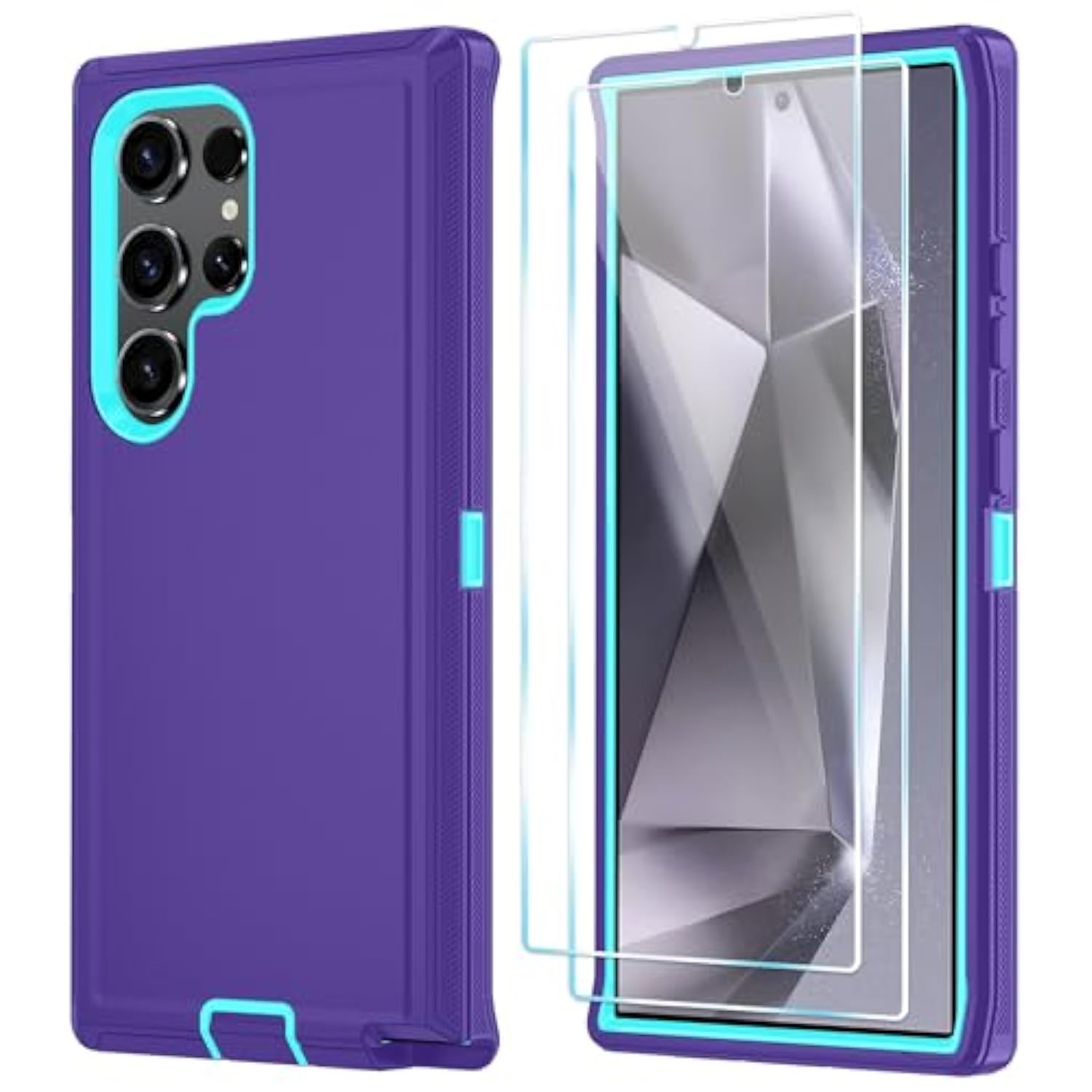 Compatible With Samsung Galaxy S24 Ultra Case With Hd Screen Protector, Heavy Duty Shockproof & Dropproof 3-Layer Cover Phone Case For Galaxy S24 Ultra 6.8'',Purpleskyblue