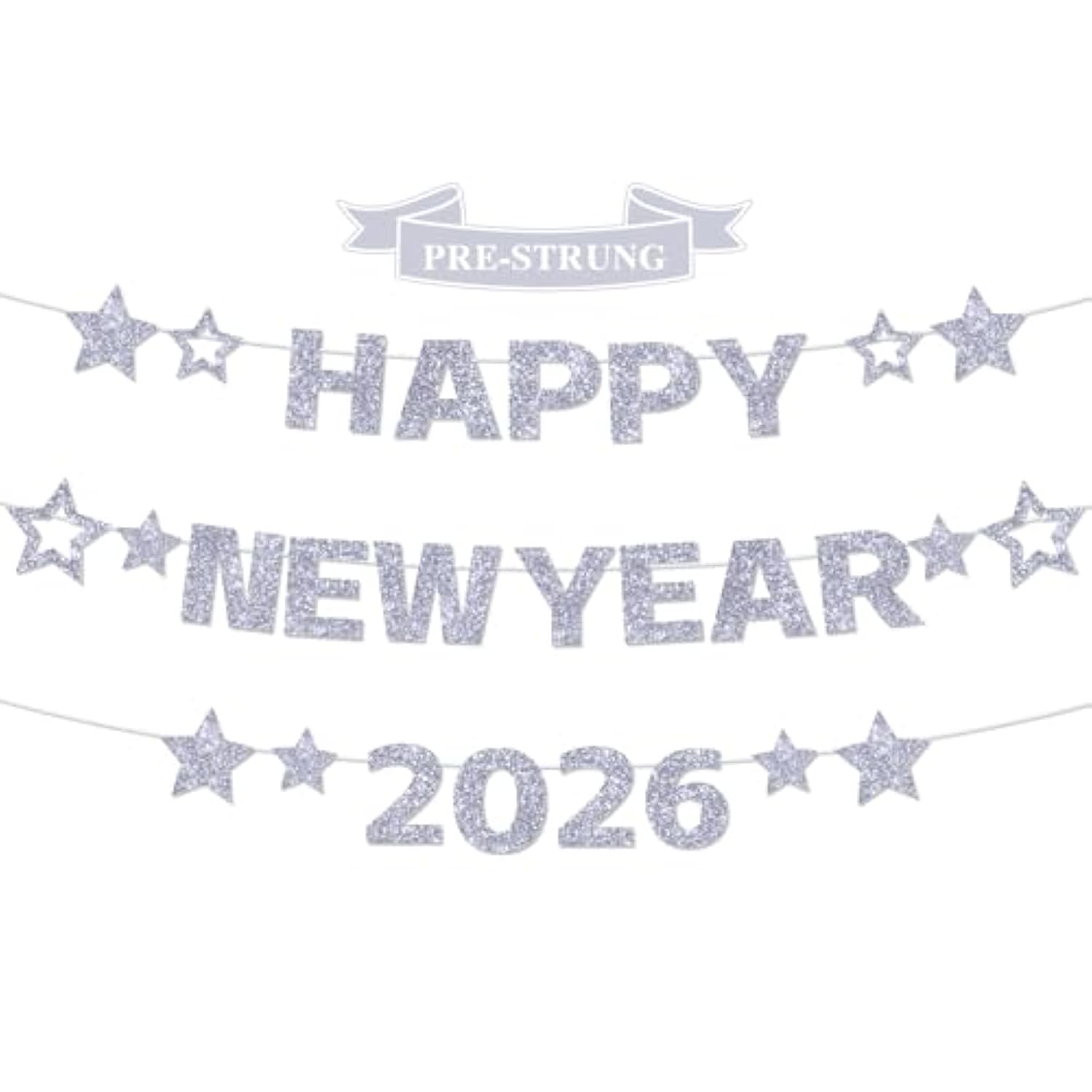 Pre-Strung Glitter Silver Happy New Year 2026 Banner Party Decor