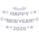 Pre-Strung Glitter Silver Happy New Year 2026 Banner Party Decor